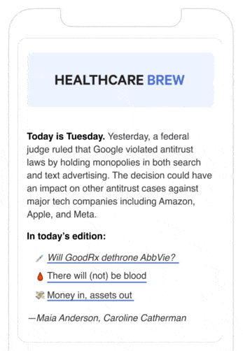 A mobile phone scrolling a newsletter issue of Healthcare Brew